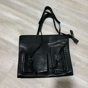 Bally Black Vintage Leather Shoulder Bag with Silver Grommets